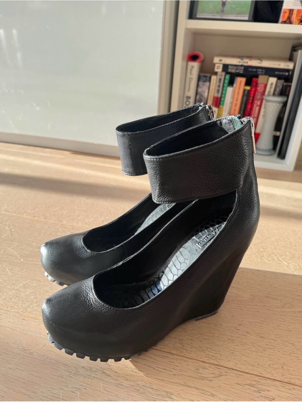Black Ankle-Strap Wedge Pumps with Zippers - Women